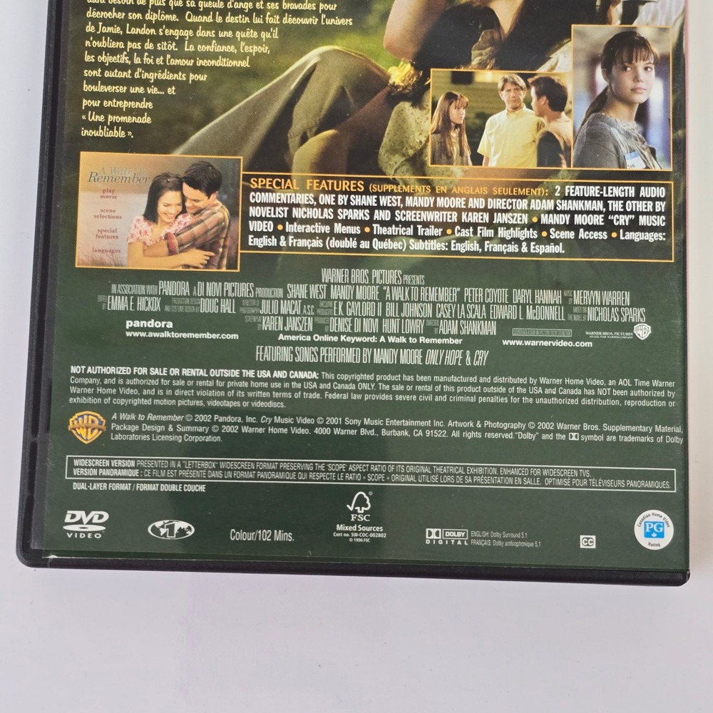 A Walk to Remember DVD Mandy Moore Shane West Romance Movie Warner Bros - Picture 4 of 5